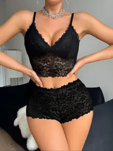 Women's Floral Lace Camisole & Boyshorts 2-Piece Lingerie Underwear Set, Sexy Fitted Bralette Design, Medium Support All-Season Everyday Comfort, Breathable