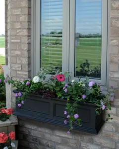 212 MAIN Fairfield 3ft Double Wall Outdoor Window Box - Black, Polyethylene Construction, Built-In Water Reservoir