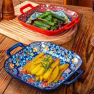Bohemian Style Ceramic Pasta Bowls, Square, Handles, Creative Fruit Salad Bowls and Pasta Dishes, Oven and Microwave Safe, Trendy Design, 2-Piece Set