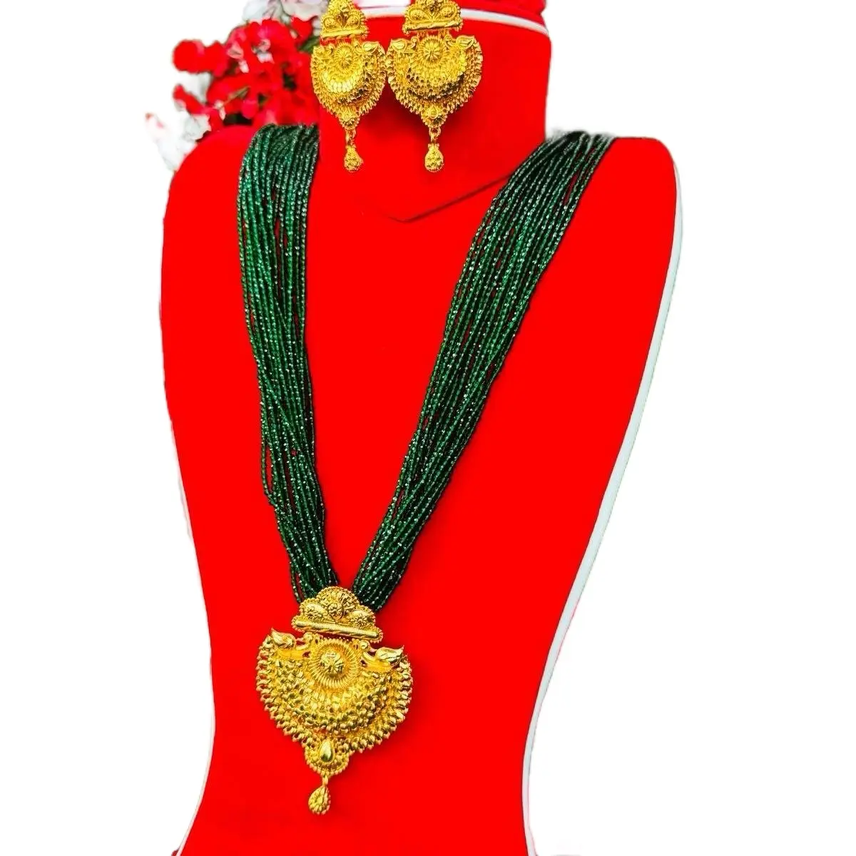 Gold-Plated Hydro Crystal Pendant Necklace with Jhumka Earrings, Traditional Colorful Indian Style Ornate Traditional Necklace Set, Traditional Colorful Necklaces, Indian Style Necklaces