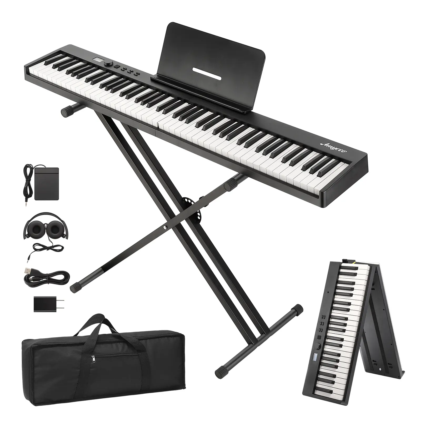 88 Key Foldable Portable Piano – Compact Full-Size Electronic Keyboard with Bluetooth, Rechargeable Battery, Bluetooth MIDI, Headphones & Piano Bag for Kids and Beginners