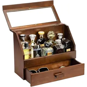 Cologne Organizer for Men - Dustproof Stand with Drawer, Wood Perfume Stand Organizer for Dresser, Large Capacity Cologne Holder Display, Great Gift for Men