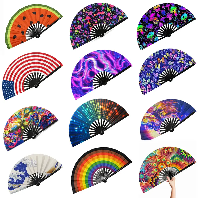UV Glow Satin Cloth Bamboo Frame Folding Kung Fu Hand Fan with Clack Sound - Festival-Inspired Hand Fans, Easy-Carry Home Decor Gift, Party Dance Accessory