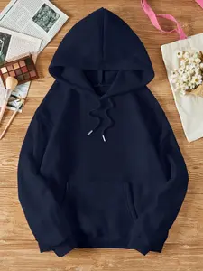 Unisex Kangaroo Pocket Drawstring Hoodie, Spring/Fall Casual Drawstring,Pocket Long Sleeve Hooded Regular Fit Regular Navy Blue Drop Shoulder Pullovers Women and Men Hoodies, Long Sleeve Tops