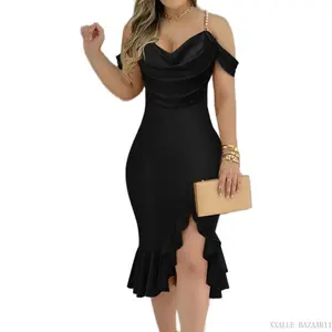 Womens Sexy Bodycon Party Dress Off The Shoulder Pearls Strap Midi Dress Ruffle Hem Cocktail DressesXXALUE BAZAAR11
