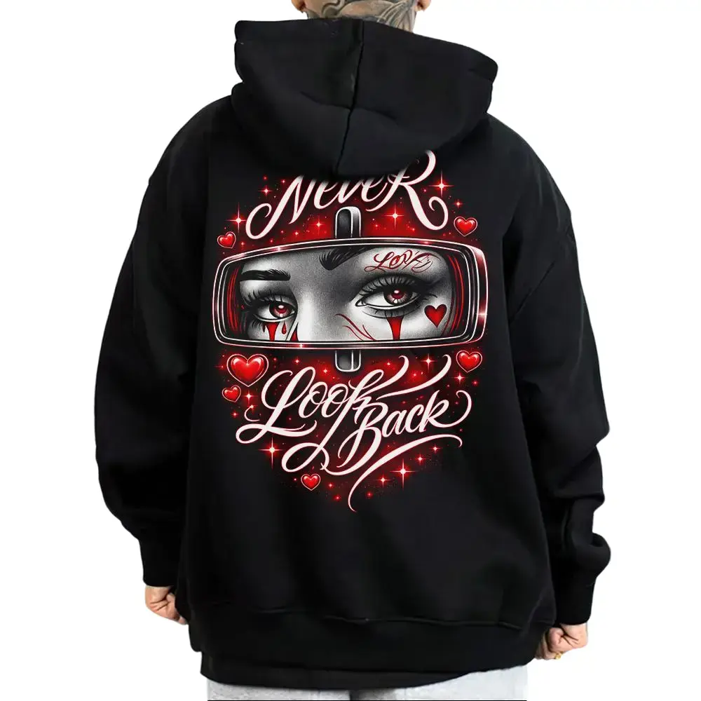 Men's Never Look Back Red Design Chicano Graphic Hoodie, Unisex Cotton Blend Heavy Fabric Casual Outing Sweatshirt, Loose Fit Medium-Heavy Top for Men & Women, S-5XL Sizes, 50% Cotton 50% Polyester, 200101
