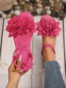 Women's Fashionable Plain Color Flower Decorated Sandals, Casual Comfortable Flat Sandals for Summer, Lightweight Breathable Shoes for Daily Wear, Girl, Fashionable Floral Sandals