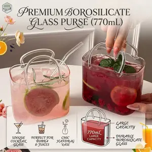 Purse Drinking Glass,770mL Glass Purse for Drinks,Unique Wine Glasses with Straw,Decorative Fish Bowl Vase with Straw,Borosilicate Glass,Handbag Vases for Fruit Juice, Tea, Flowers