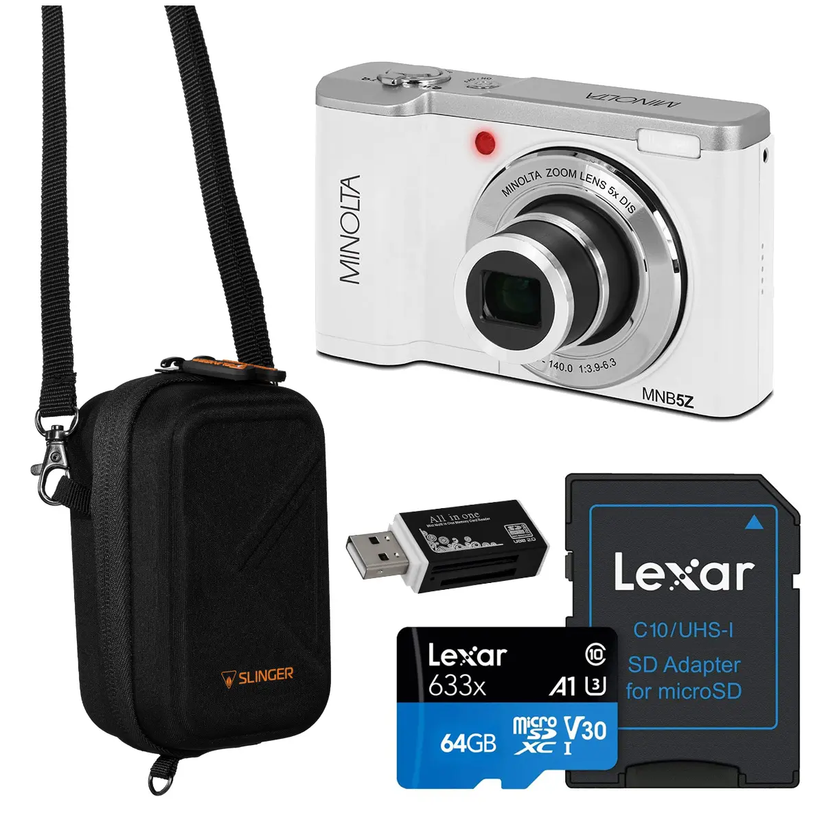 Minolta MNB5Z 56MP 5K Ultra HD 2.8" LCD Screen Digital Camera, White, Bundle with Camera Case, 64GB Memory Card, Multi Card Reader