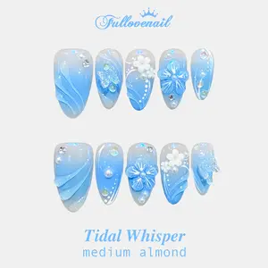 Fullovenail Almond Shape Aurora Blue 3D Flower Handmade Press on Nail Iridescent Glitter