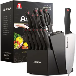 Astercook Knife Set, 14 Counts Kitchen knives Set with Built-in Sharpener,Sharp & Rust Resistant Dishwasher Safe, Block