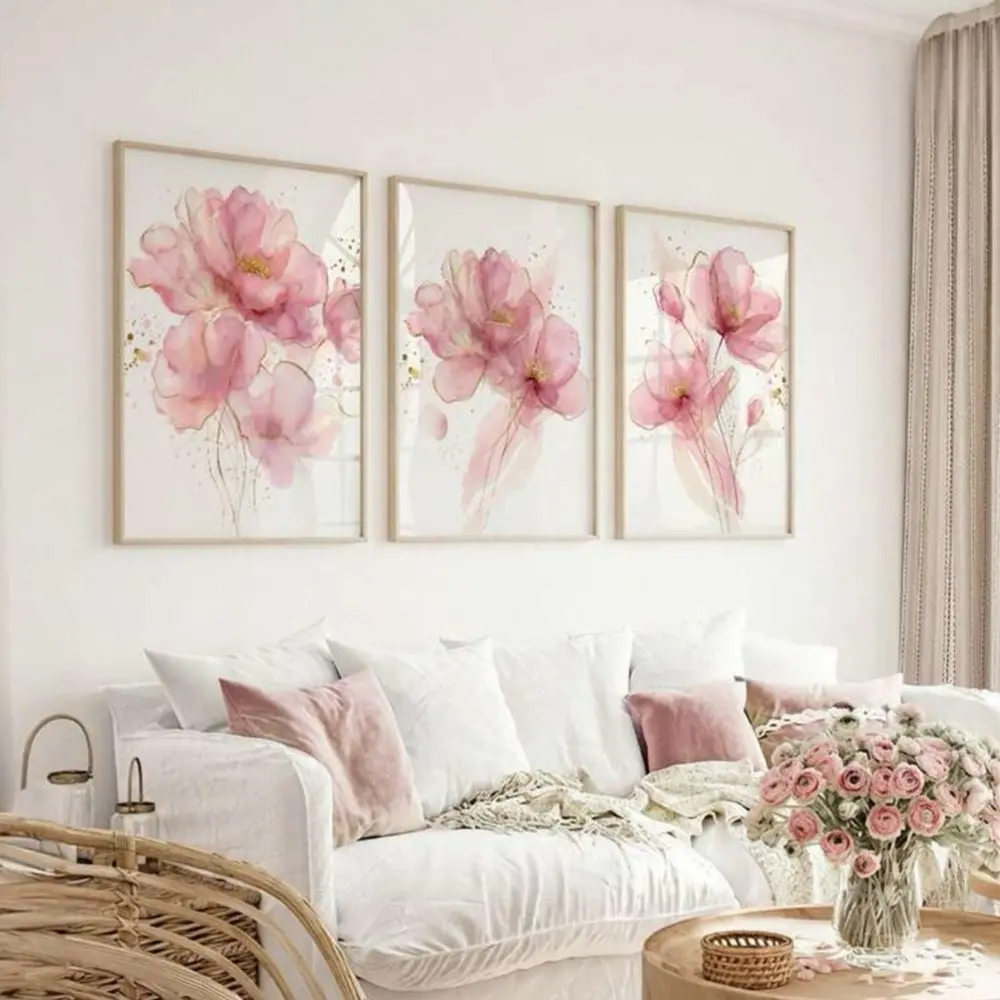 3 Pieces Optional Wooden Frame Pink Rose Blooming Stamen Nordic Wall Poster, Watercolor Floral Print, Canvas Painting Wall Art Picture For Home Decor Hanging Painting, Canvas Art And Prints For Walls Decoration Items