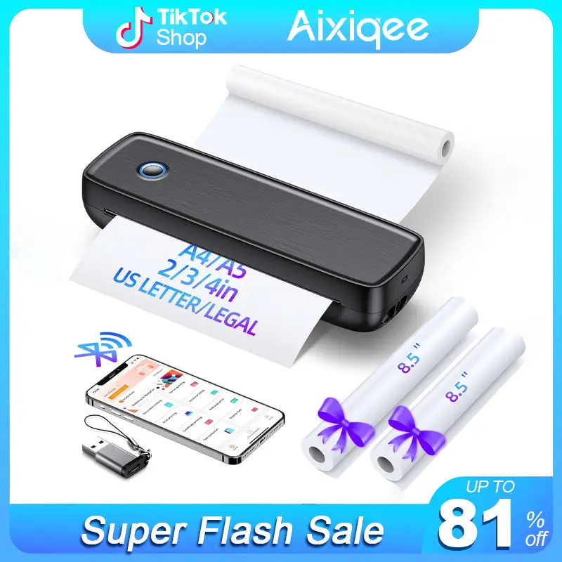 Aixiqee Portable Printer Wireless for Travel，Bluetooth Thermal Printer Support 8.5 X 11in US Letter &Legal, A4&A5 Thermal Paper, Inkless Printer Compa