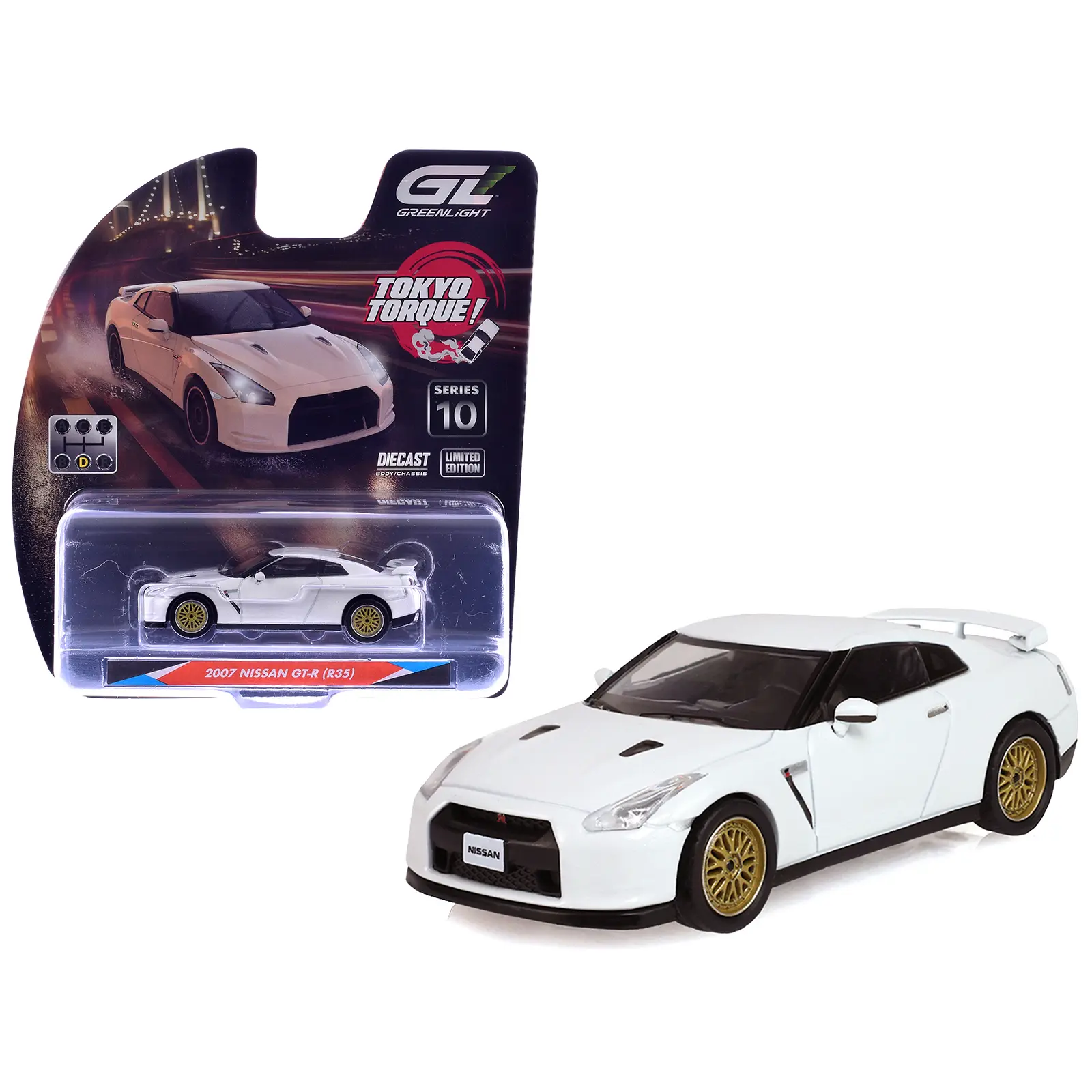 2007 Nissan GT-R (R35) Pearl White with Gold Wheels "Tokyo Torque" Series 10 1/64 Diecast Model Car by Greenlight