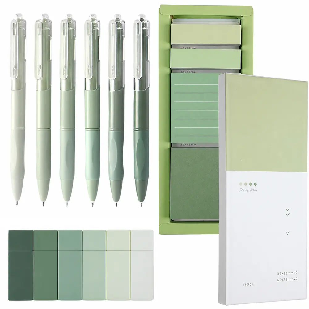 13Pcs Sage Green Gradient Box Aesthetic Stationery Set, 6 Retractable 0.5mm Black Pens, 6 Mini Correction Tapes & Self-Stick Index Tabs Sticky Note Kit, Back To School Office Desk Journaling Supplies Gift
