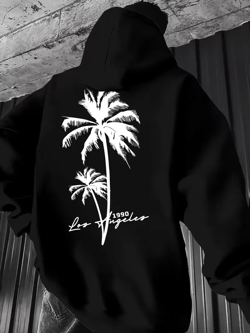 Men's Tropical Pullover Hoodie, Stylish Long Sleeve Sweatshirt with Coconut Tree Front and Back Graphic Print, Sweatshirts, Menswear, Tops, Casual, Machine Wash, Tree Print Fashion Jeans, Male, Coconut Tree Elements