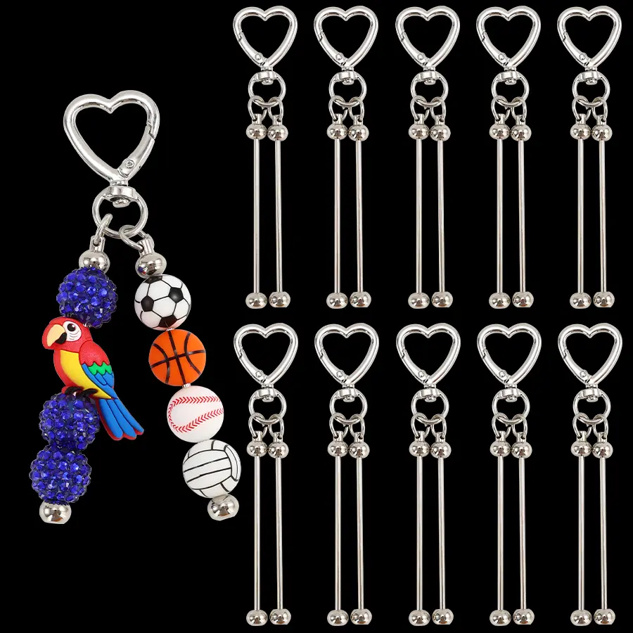10 PCS Sturdy Durable Alloy Unisex Heart Love Keychains with Bead Sticks Set - DIY Beading & Jewelry Making Key Ring Accessories, Diy Keychains