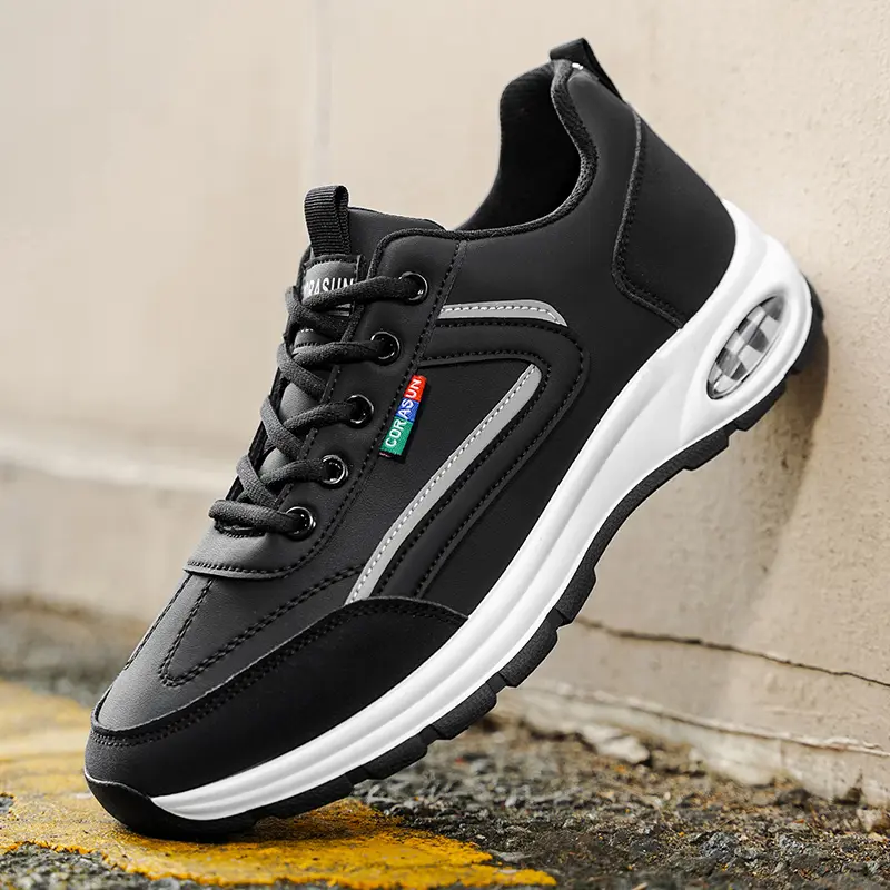 Men’s Closed-Toe PU Leather Casual Trainers - Anti-Slip, Water-Resistant, Durable Athletic Footwear with Air Cushion - Walking Shoes, Sneaker for Office Workers & Daily Commute