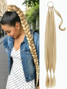DIY Braid Ponytail Extension Long Straight Wrap with Braid Natural Soft Synthetic Braiding Hair Hairpieces for Women Daily Wear Medium blonde 32 Inch