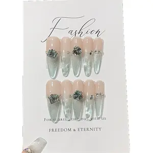 Acrylic Reusable Press-On False Nail Set - Almond Shape, Glossy Finish, Irregular K9 Zirconia Chains, Water-Ripple Matcha-Green Gradient Halo Design