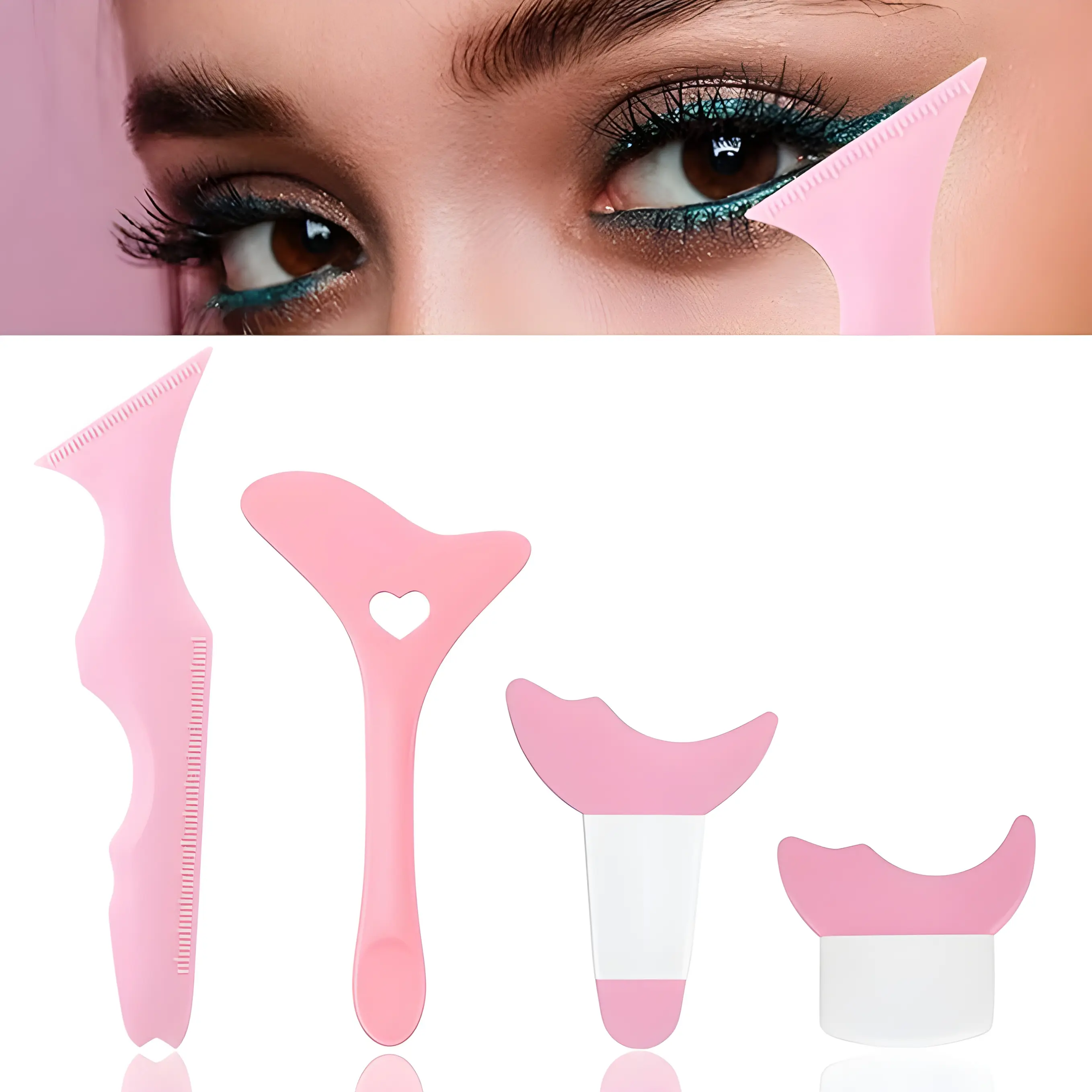 4-in-1 Flat Flexible Silicone Eyeliner Aid & Mascara Shield - Flawless Lid Edge Filler, Multifunctional Cosmetic Stencil for Eyeshadow Highlight, Beginner-Friendly Pink Makeup Tool Set, Compact