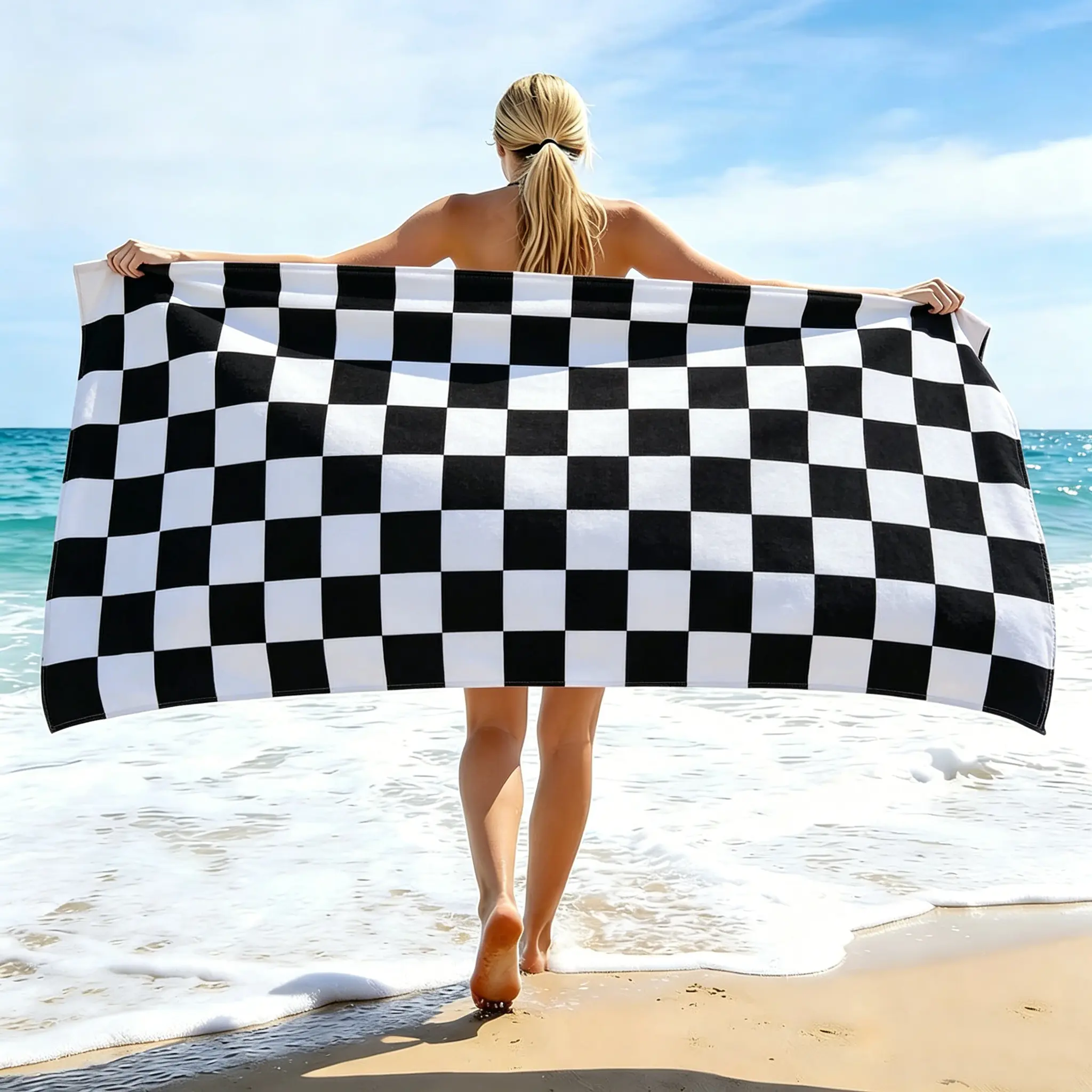 Black and White Plaid Beach Towel, Unisex Soft Highly Absorbent Ultra-Fine Microfiber Bath Towel. Ideal for Pool, Travel, Swimming, Camping and Bathing, Modern Style, Travel Essential.
