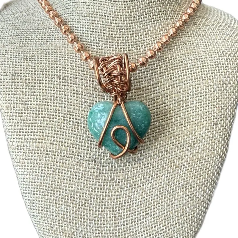 Small Heart Shaped Amazonite Pendant Necklace, 24-in Genuine Copper Bead Chain