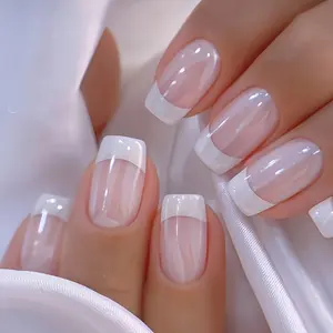 24pcs French Tip Press-On Nails - Soft Nude Glossy Acrylic Medium Square Fake Nails with Jelly Glue & Nail File for Easy At-Home Application, Reusable Manicure Extensions for Hands & Feet, Nails Accessories, Beauty Accessories, Durable  Cw371【Nude】