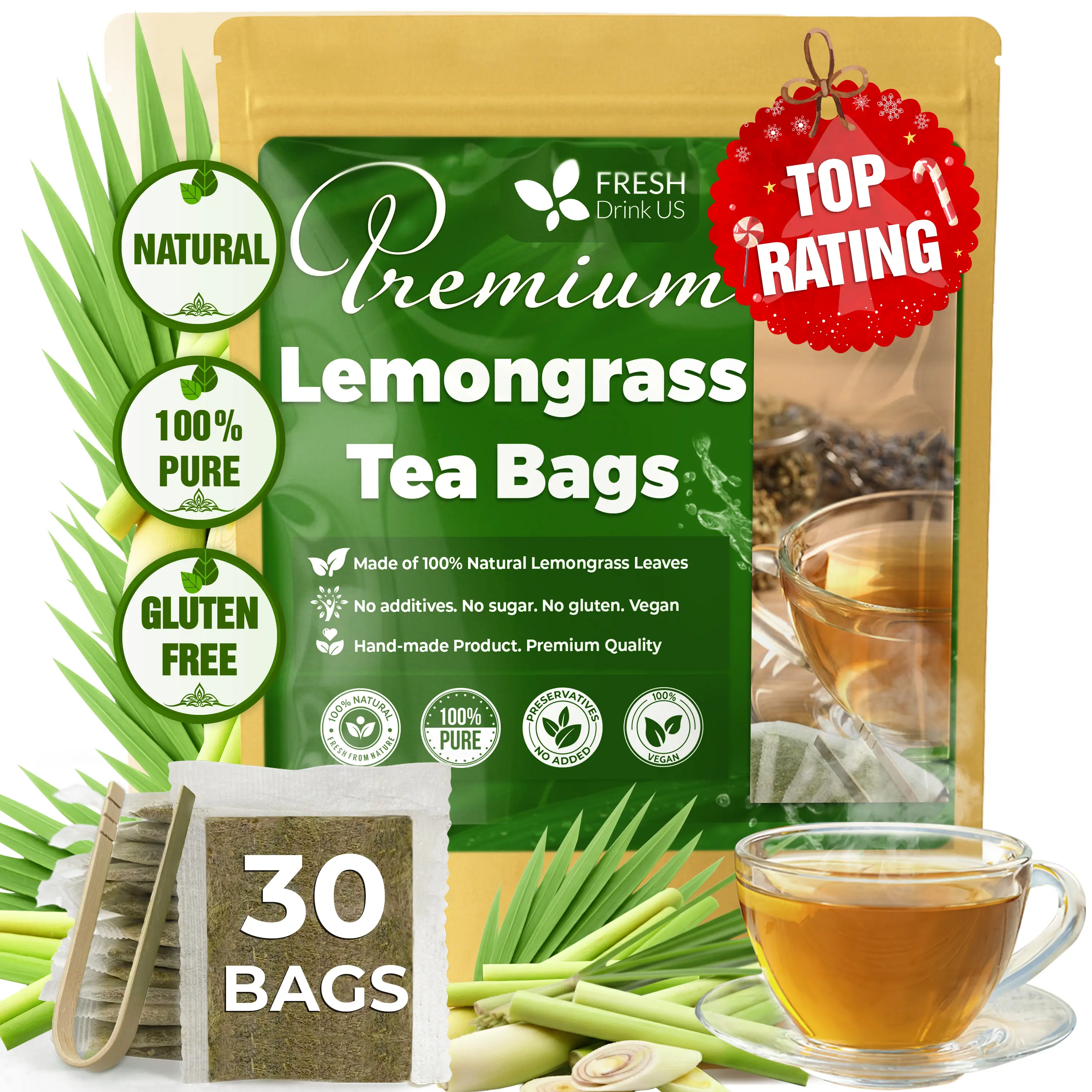 Lemongrass Tea Bags, 100% Natural & Pure Lemongrass leaves, Eco-Conscious Tea Bags, Lemongrass Herbal Tea. Lemongrass Leaf Tea. No Sugar, No Caffeine, No Gluten, Vegan. Beverage