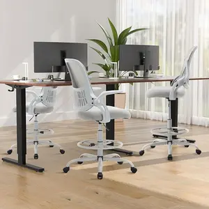 Grey Ergonomic Drafting Chair for Standing Desks – Adjustable Foot Ring & Lumbar Support, Movable Armrests, Counter-Height Office Stool | 2 Color Options