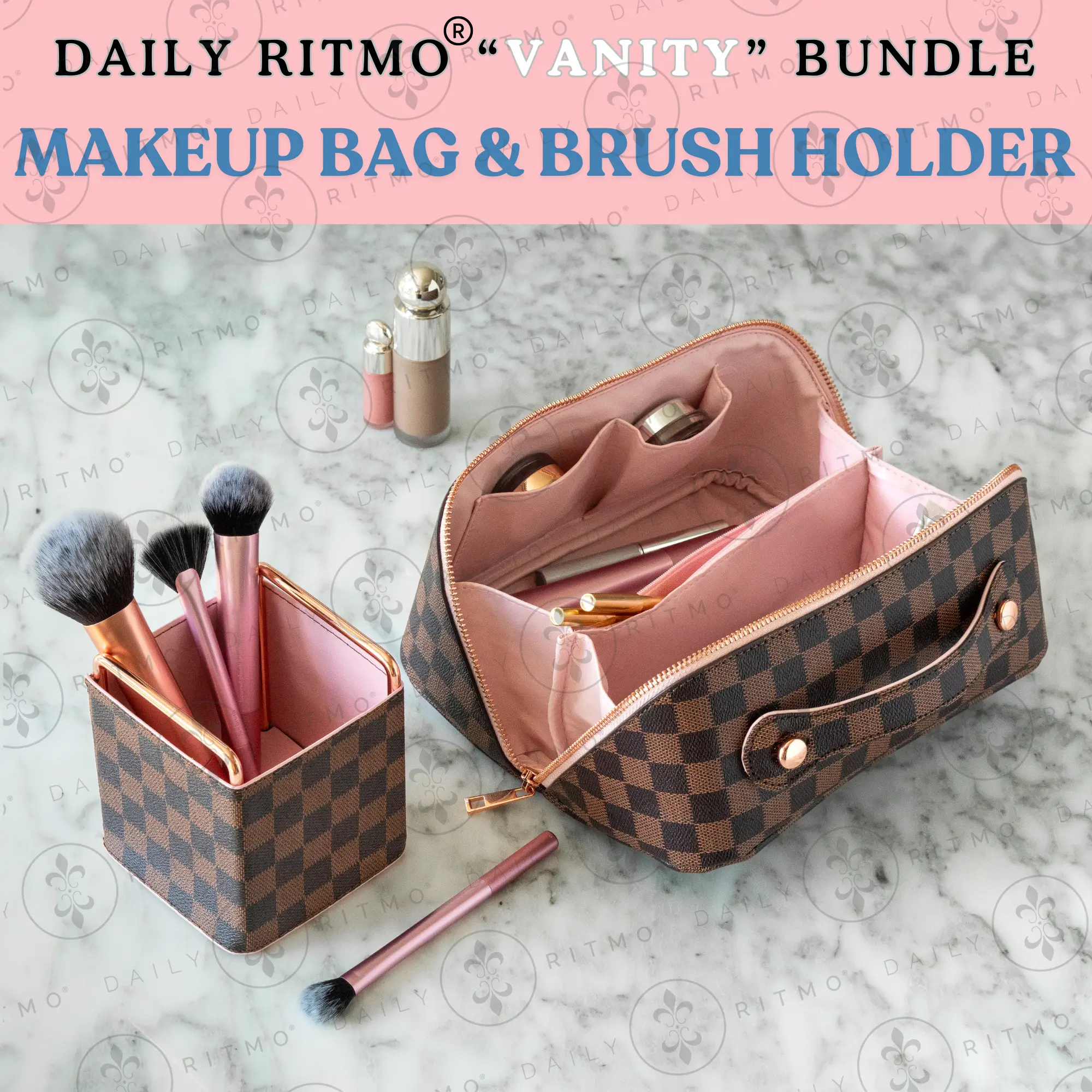 DAILY RITMO "Vanity" 2-Item Bundle Set - Cosmetic Bag, Makeup Travel Organizer, Makeup Brush Holder Home Storage Organizer