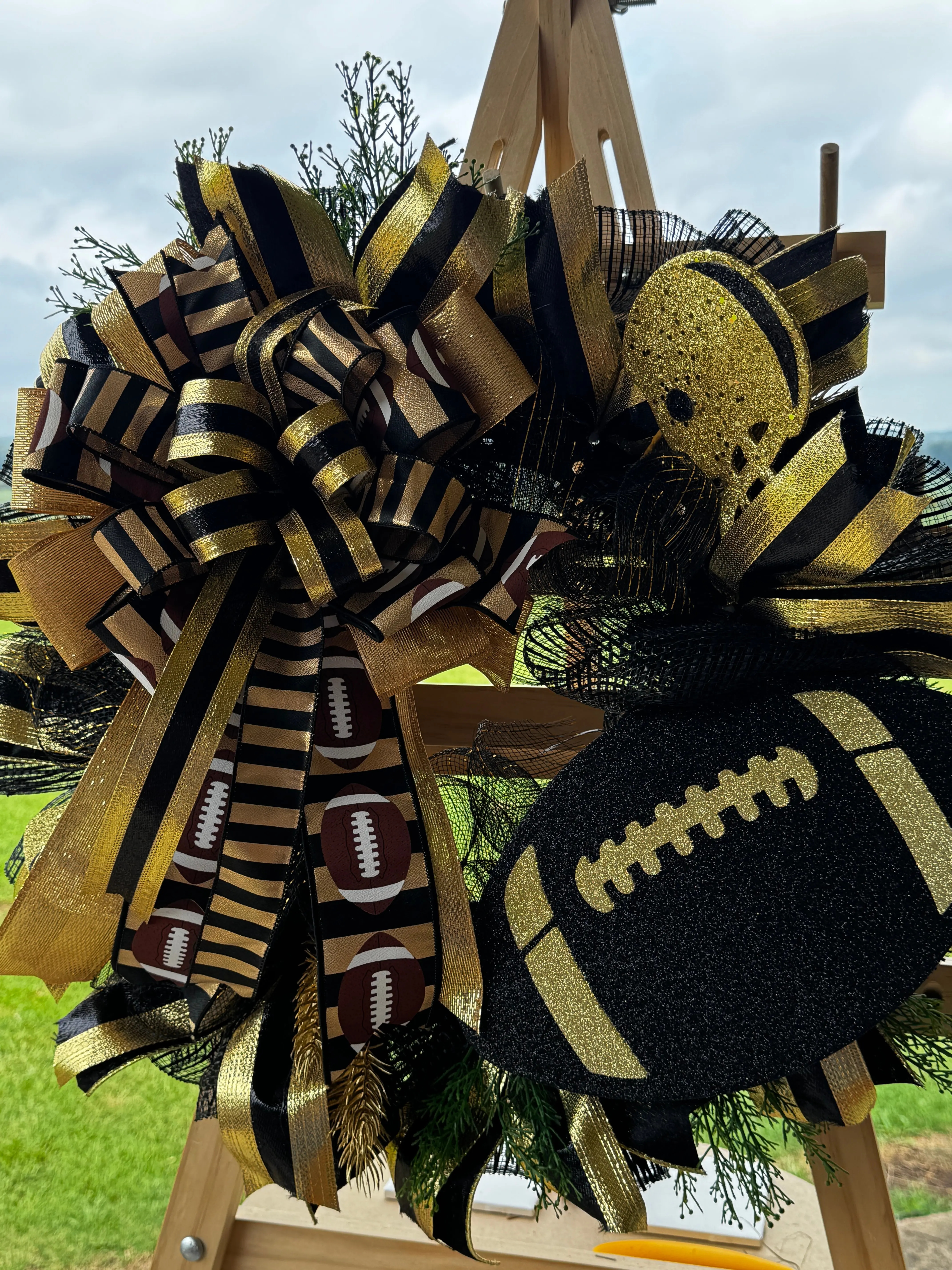 Black & Gold Football Wreath with Personalized Team Ribbon | Handmade Front Door Decor