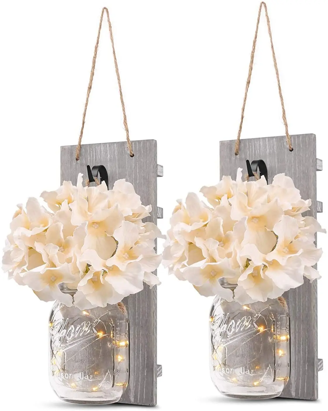 YI LIGHTING Set of 2 - Rustic Wall Sconces - Mason Jars Sconce with Wooden Board, LED Fairy Lights with Remote for Home Wall Door Decoration Gift