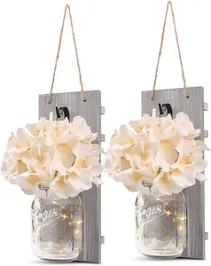YI LIGHTING Set of 2 - Rustic Wall Sconces - Mason Jars Sconce with Wooden Board, LED Fairy Lights with Remote for Home Wall Door Decoration Gift