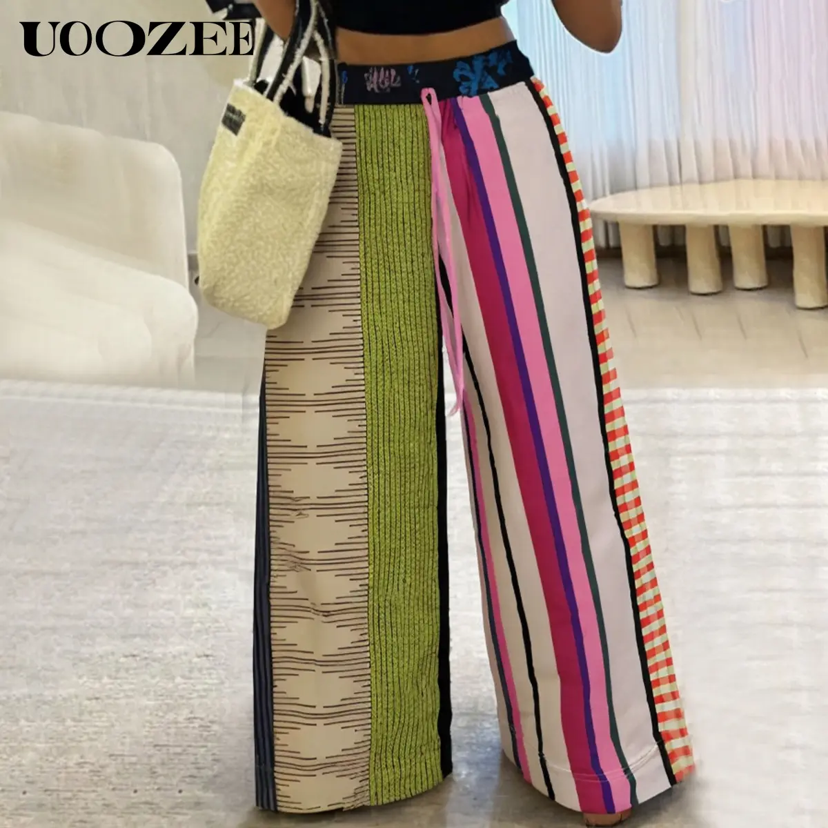UOOZEE Women's 2026 New High-Waist Striped Printed Non-Stretch Baggy Wide-Leg Polyester Pants, Contrast Color Drawstring, Pockets, Breathable Comfortable Streetwear Style Clothes, Note: Smaller Waist Fit - Check Size Guide or Order 1 Size Larger, Loose Fi