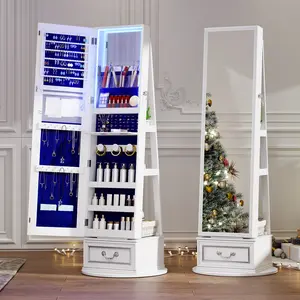 FREDEES Mirror Jewelry Cabinet Standing, 360° Swivel Jewelry Armoire with Full Length Mirror, Lockable Mirror with Jewelry Storage, 3-Color LED Lights, Foldable Makeup Shelf
