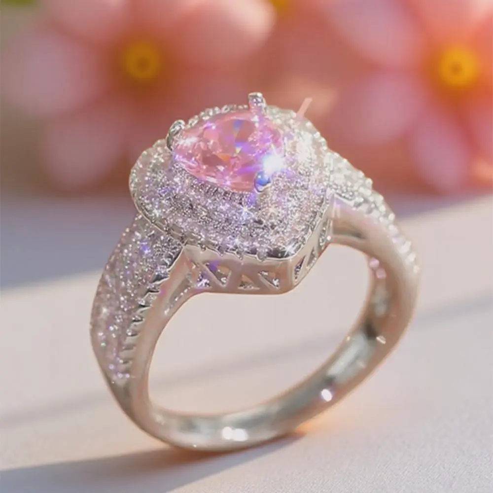 Chunky Bling Heart  Ring Statement Bride Engagement Promise Anniversary Birthstone Ring Accessories Party Wear Valentine Day Gift for Girlfriend Fashion Jewelry for Women