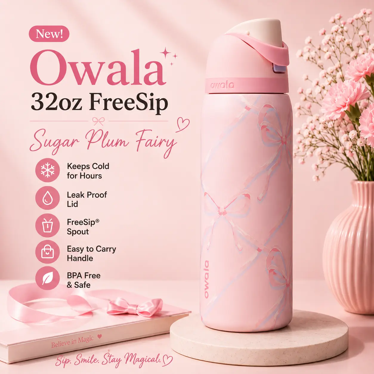 Owala Glitter Sugar Plum Fairy Stainless Steel Vacuum Insulated Cup - 32 oz (940ml), Straw Lid, Leak-Proof, BPA Free, Anti-Scalding, Loop-Attached, Portable Gym Travel Reusable Drinkware, 13-24H Insulation, 24H Ice-Cold Drinks, Perfect Gift Tumbler, Water