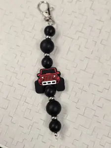 Jeep Keychain Bag Charm with Red Jeep Design and Black Beads for Accessories