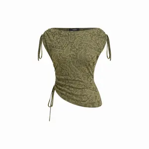 Cider Jacquard Boat Neck Drawstring Ruched Asymmertrical Top