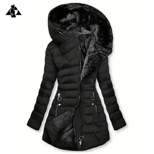 Zippered Hooded Down Jacket, Casual Long Sleeve Pocket Faux Lined Warm Winter Jacket, Women's Fabric Womenswear