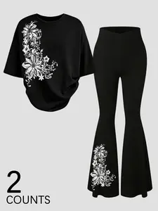 Two-piece women's Gothic Graphic floral print outfit: Short T-shirt and leggings, featuring an elegant design and soft fabric, perfect for casual dates and everyday wear, including workouts, Womenswear