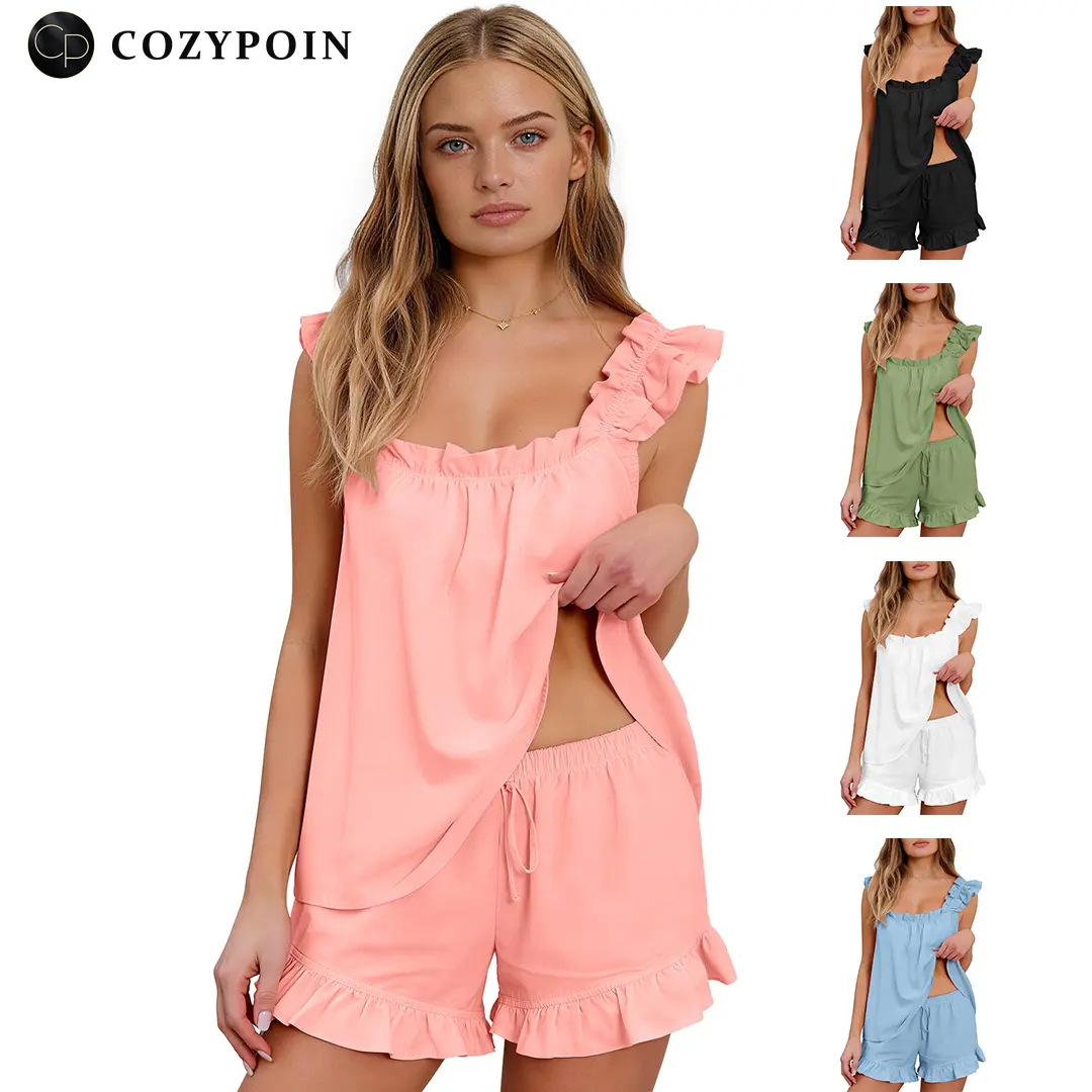 Women's COZYPOIN Cotton 2-Piece Pajama Set - Sleeveless Ruffle Tank, Soft Shorts, Girlie Sleep Frilly Casual Comfortcore Loungewear Nightwear, Girlie Loungewear Sets, Sleep Loungewear Sets