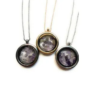 Small Chip Purple Amethyst Locket Necklace in Gray, Gold, Rose Gold, Silver