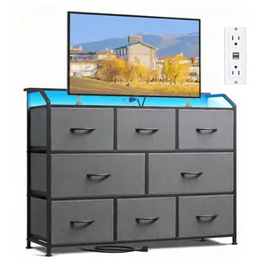 LED Dresser with Charging Station, 8 Drawer Fabric Chest with Wood Top & Steel Frame, TV Stand with 2 USB Ports & Customizable Light, Storage Dresser for Bedroom Living Room Closet