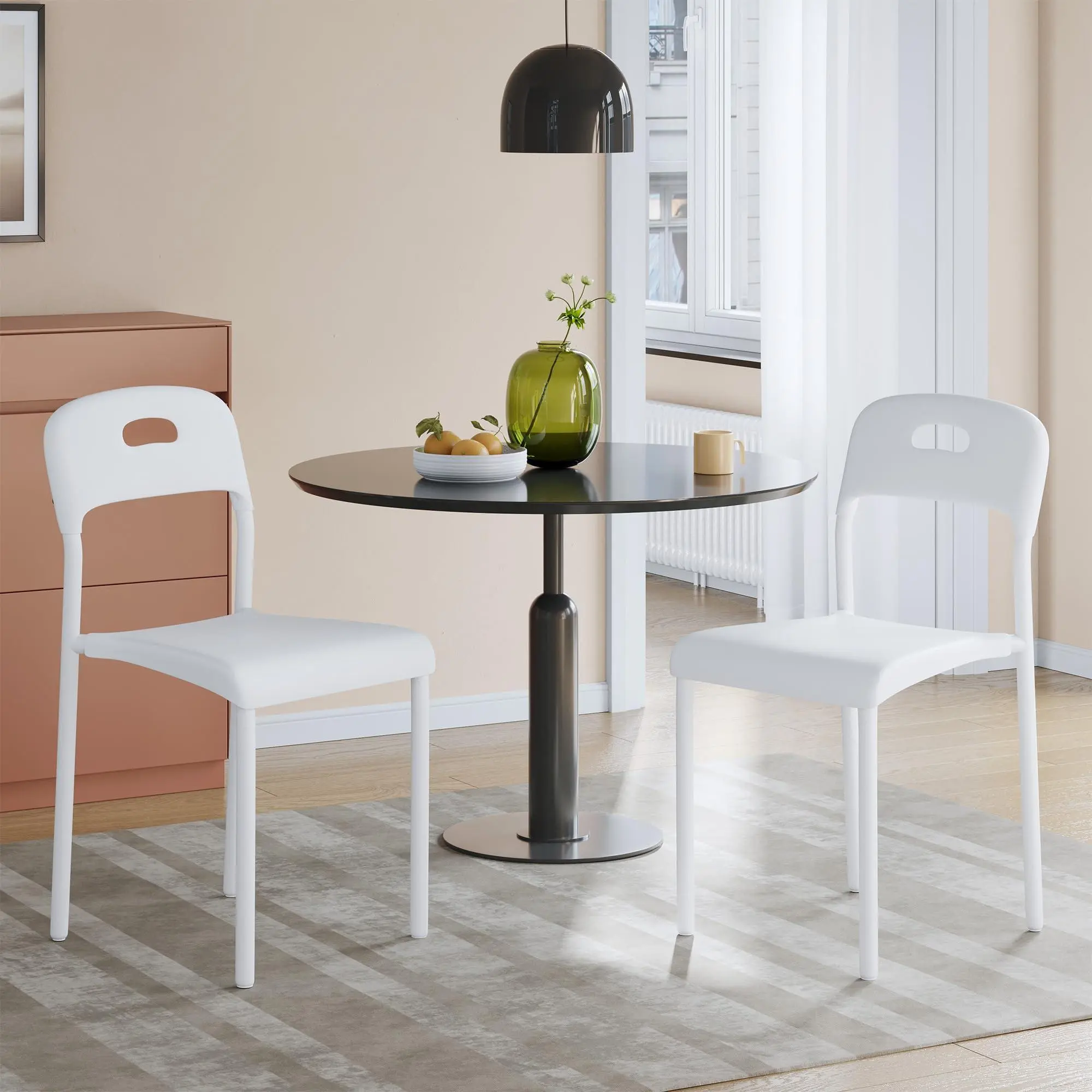White Dining Chairs Set of 2,Plastic Stackable Kitchen Chair,Metal Legs,Easy Assembly, Ergonomic Back, Waterproof and Stain-Resistant,Plastic Chair for Outside,Office,Kitchen,Living Room