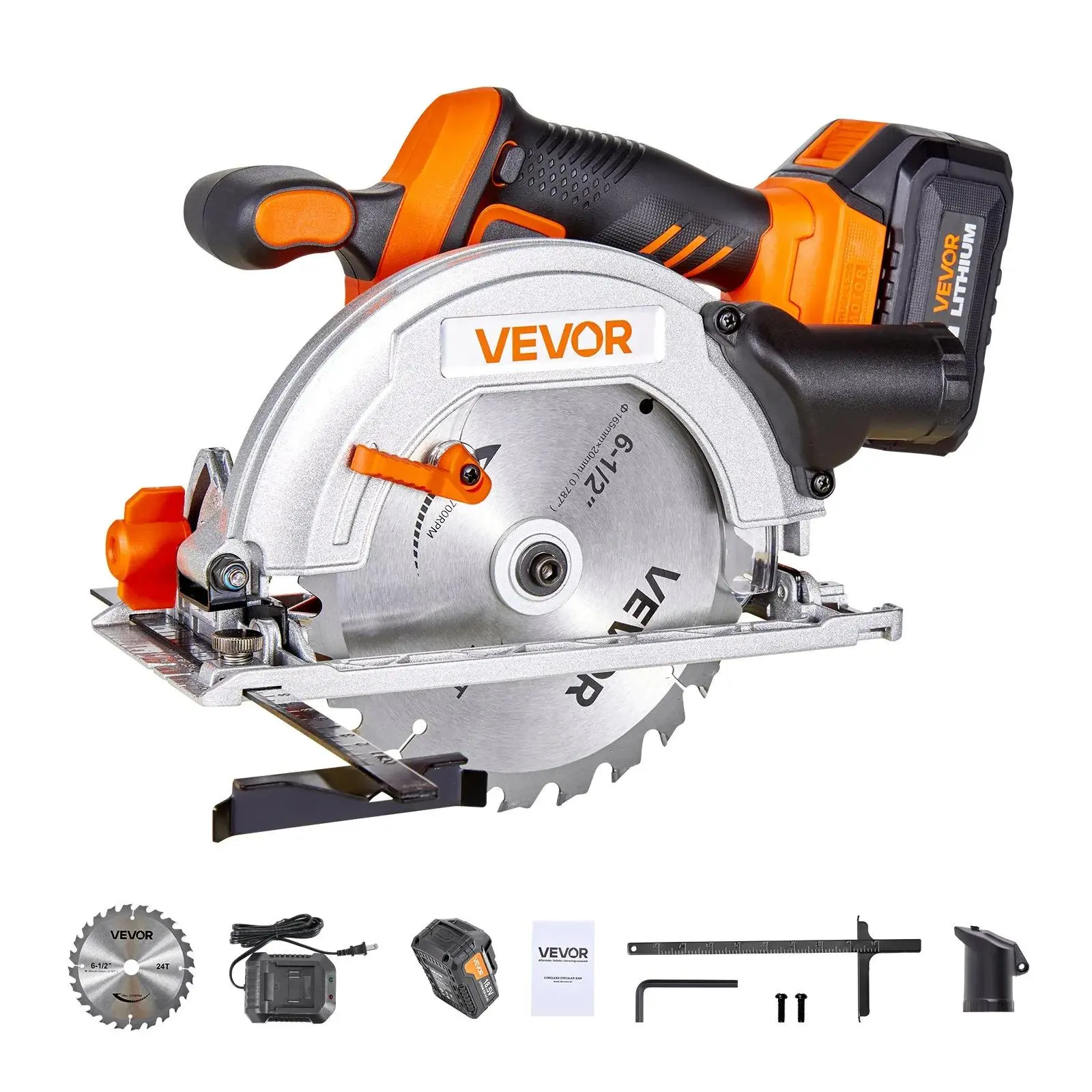 【summerfinds】VEVOR Cordless Circular Saw,  , 6-1/2 inch Blade, 4700 RPM Speed, 0-45 Degree Bevel Capability, Brushless Motor, LED Light, Electric Circular Saw Kit with Battery and Charger Included, for Wood Cutting, Battery Powered Saw, Cordless Cuttin