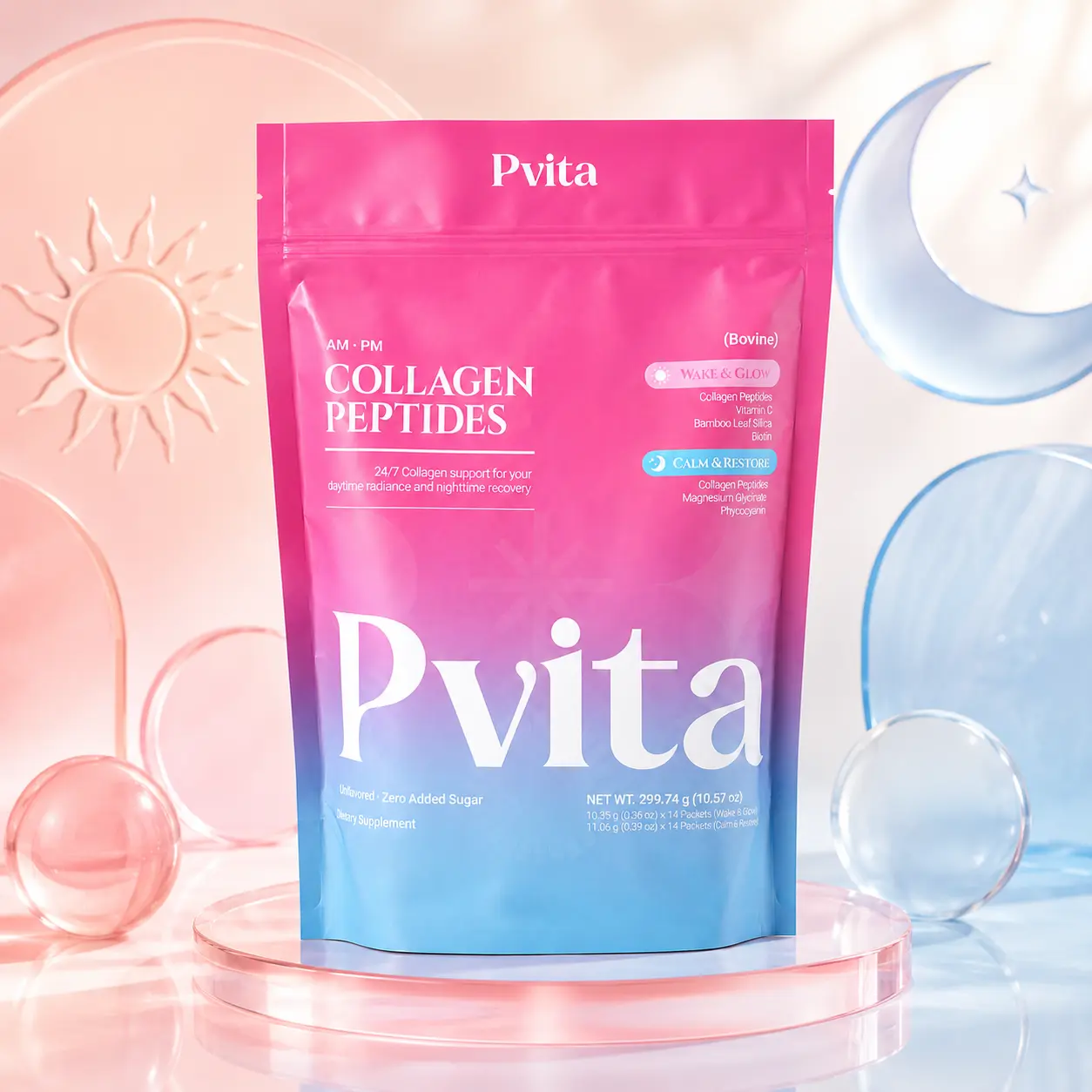 Pvita Collagen Booster AM & PM - Bovine Collagen Peptides Supplement, 28 Stick Packs for Skin & Hair Health