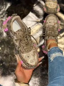 Full Rhinestone Patchwork Dad Shoes, Vintage Pattern with Bling, Accents, Thick Sole, Sweet Cool Style, Streetwear Trend