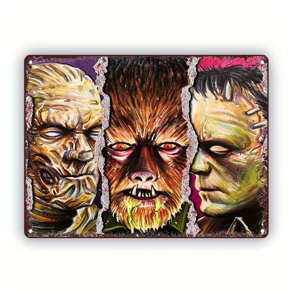 8x12 inches Durable Iron Tin Art Vintage Horror Monster Metal Sign - Classic Frankenstein, Wolfman & Mummy Design for Collectors, Fans & Halloween Decor